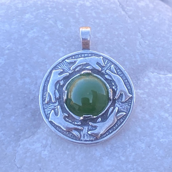 Wolf Dance Pendant .925 Sterling Silver w/ genuine Jade gem made in the USA - Picture 9 of 10